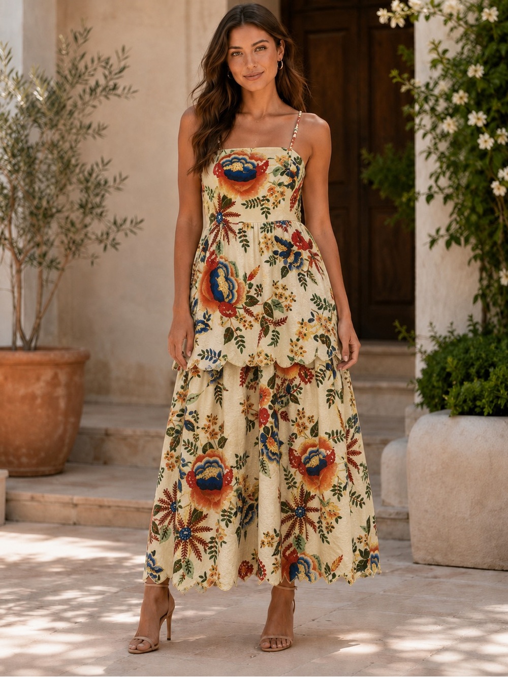 Christian Lacroix Floral Linen Blend Tiered Midi Dress- NWT- Size Medium